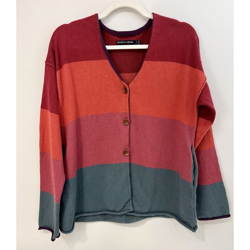 Gudrun Sjoden Multi Color Block Stripe Cotton Wool Knit Cardigan Sweater Size M